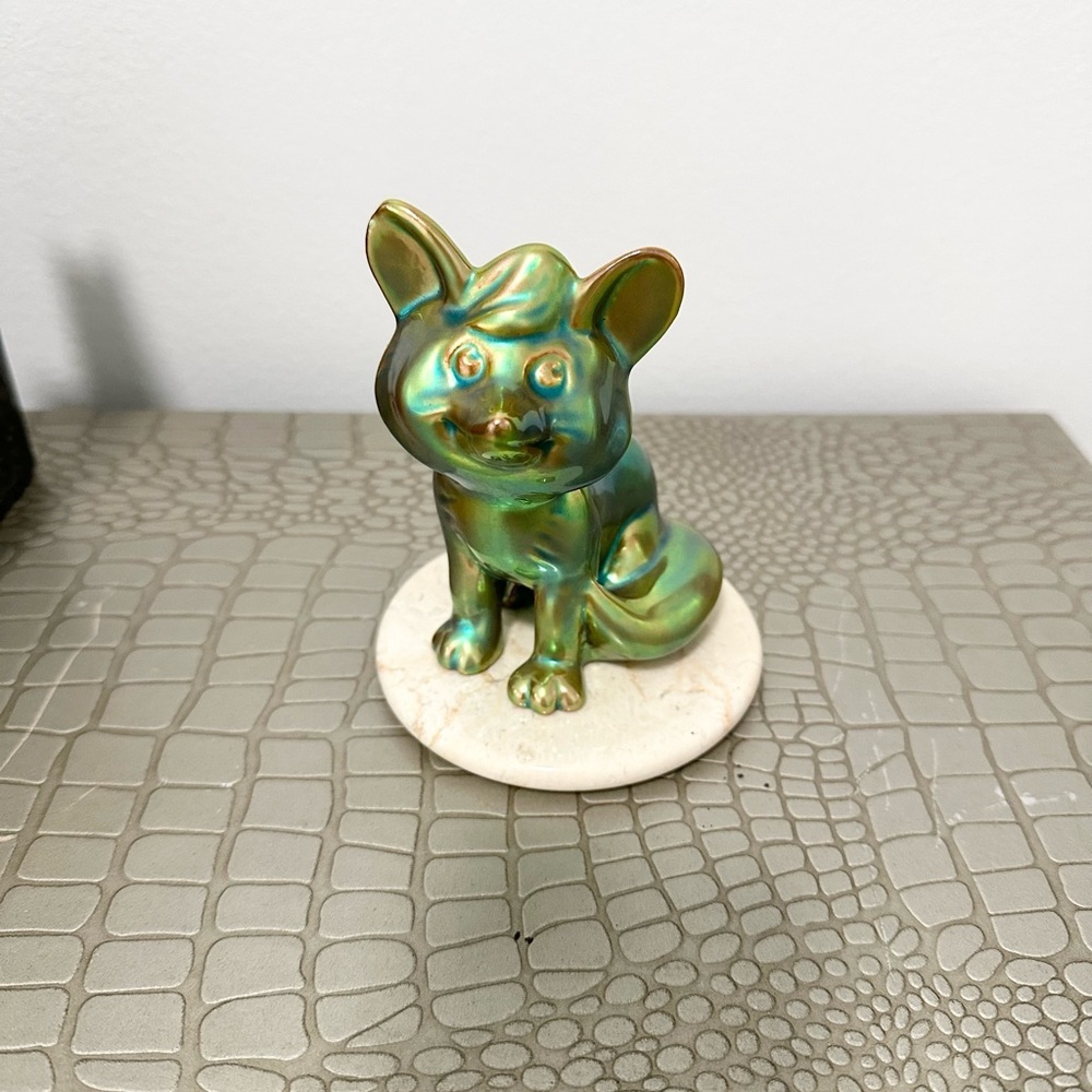 Vintage Zsolnay Eosin Green Iridescent Hand Painted Porcelain Fox Figurine